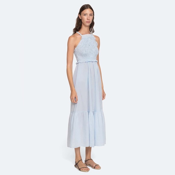 NWT $425 Sea Blue Ramie Smocked Cole Midi Dress - Picture 5 of 8